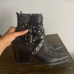 Zara black leather anklet boot cowboy boot studded with buckles size 39 or 8